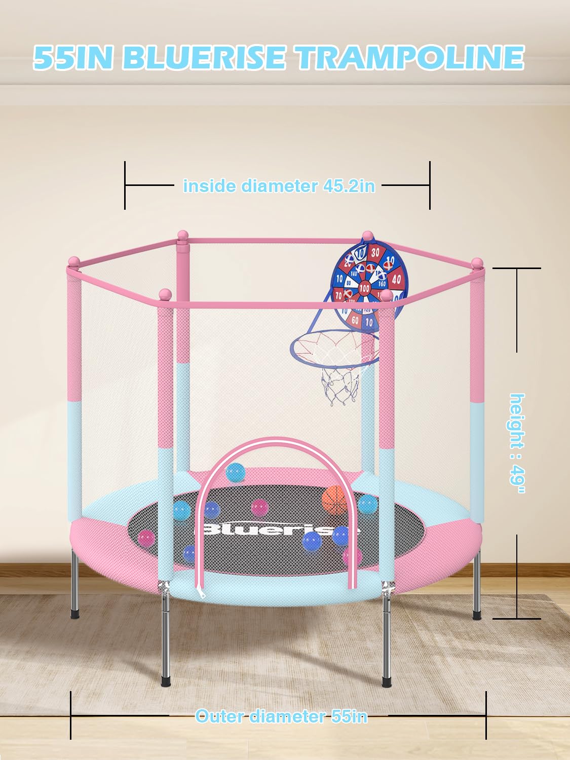 Bluerise 55In Toddler Trampoline For Kids Indoor Play For Kids Basketball Hoop Attachment With Enclosure Net Easy To Assemble Re