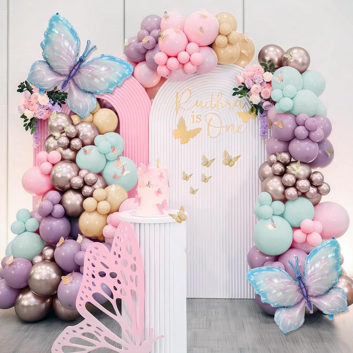 LULUMIKA Butterfly Balloon Arch Kit - 142pcs Pastel Pink/Purple/Blue, Rubber, Large Butterfly Foil for Baby Showers & Birthday Parties
