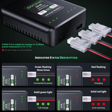OVONIC D15 Dual LiPo Battery Charger AC 15W 1.2A for 1S 2S 3S Lipo Batteries, RC Battery Charger