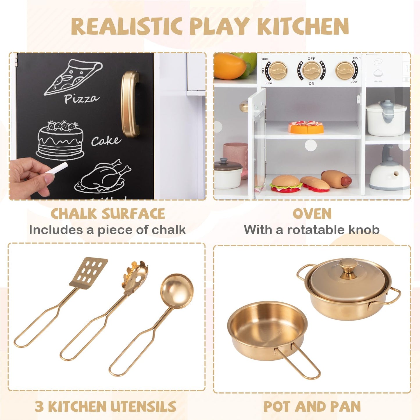 Costzon Play Kitchen For Kids, Wooden Toy Kitchen Set With Stoves, Microwave, Blackboard, Water Dispenser, Cooking Accessories,