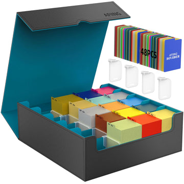 AFIING 4-Row Trading Card Storage Box - Holds 3200+ Cards  48 Dividers & 4 Stoppers  Card Deck Box for MTG TCG Sports Cards - Includes 1 Dice Bag(Black Cyan)