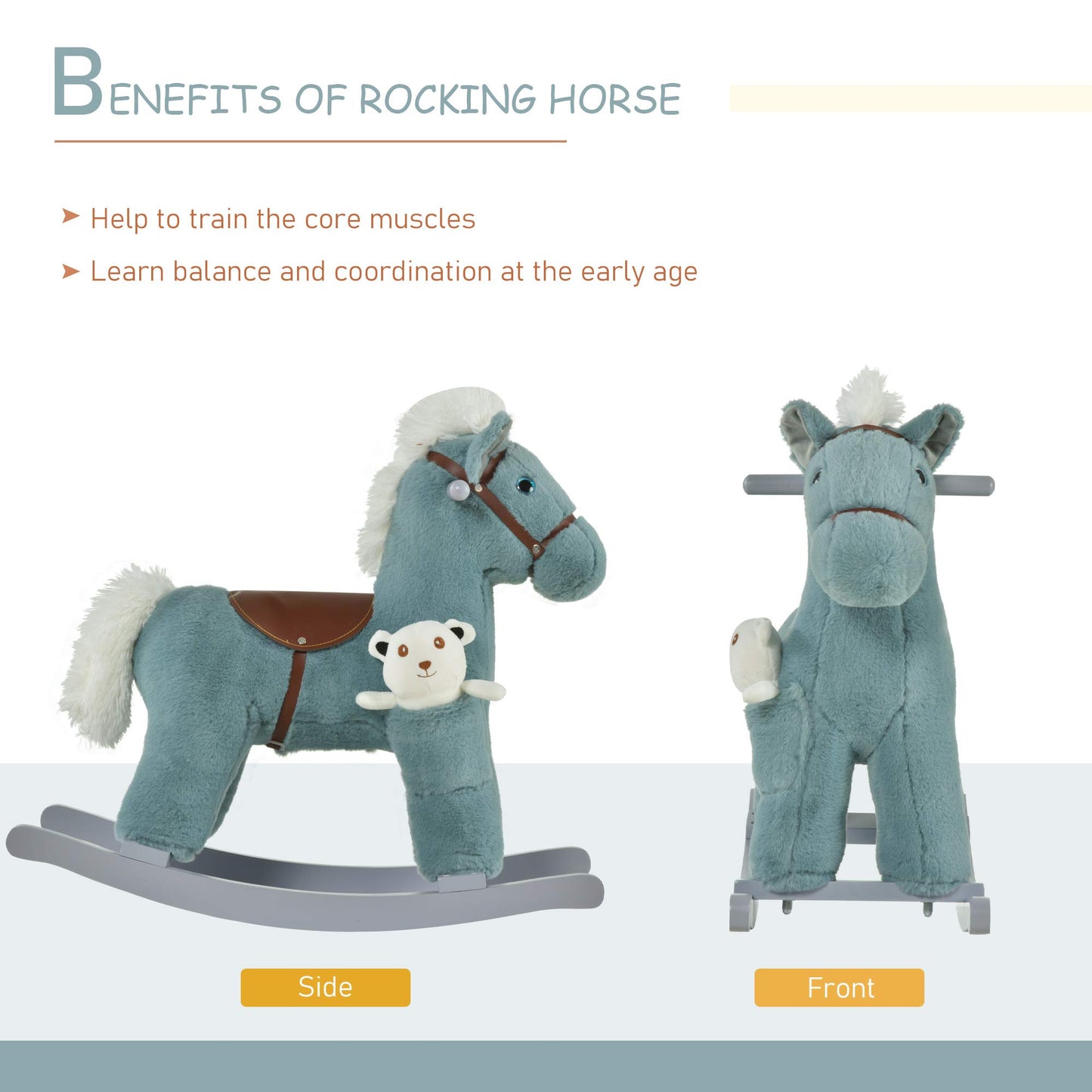 Qaba Kids Plush Ride-On Rocking Horse With Bear Toy, Children Chair With Soft Plush Toy & Fun Realistic Sounds, Blue