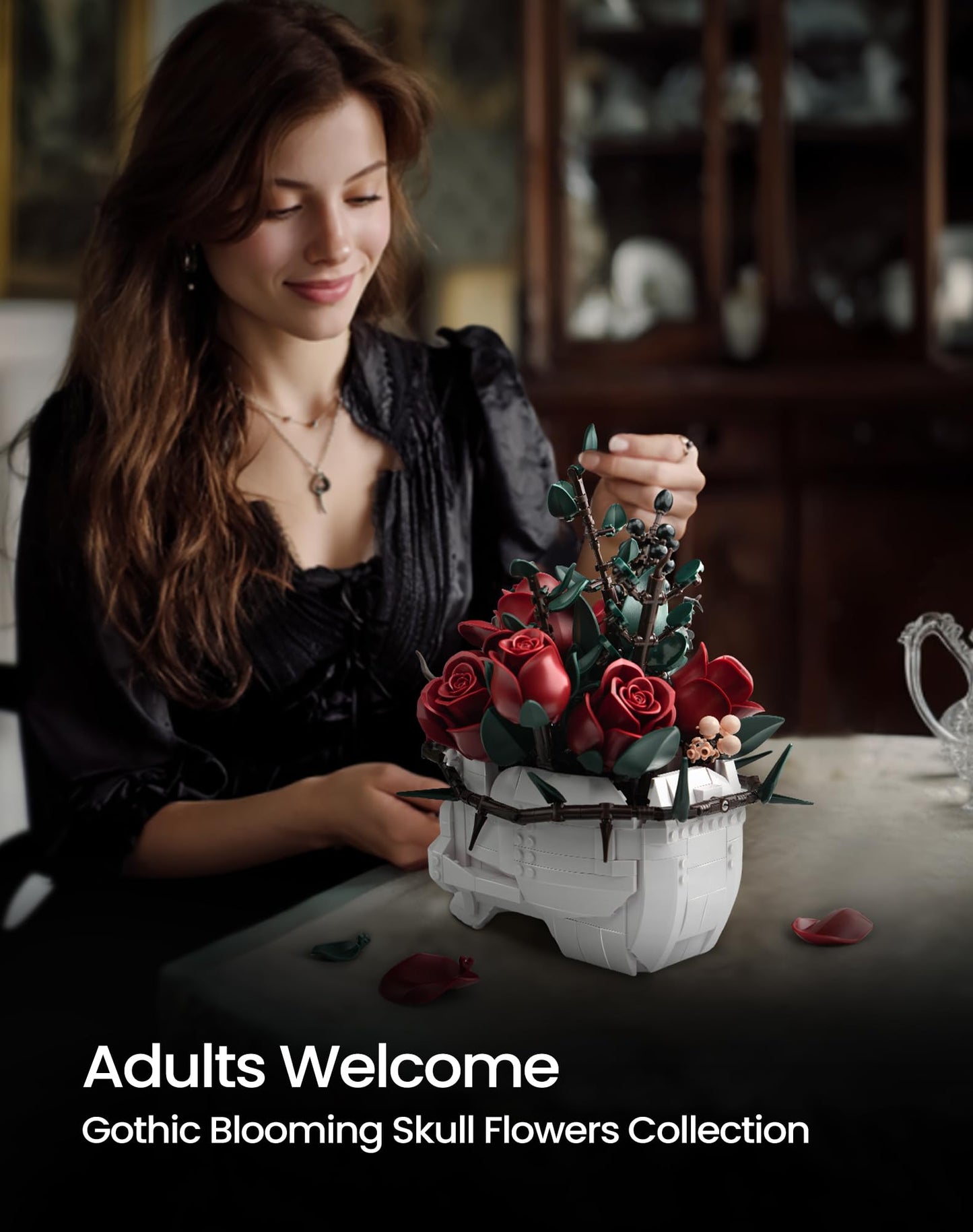iATOM Skull Roses Flower Bouquet Building Set - Middle Size, Plastic, Gothic Decor, Red/Green/White/Black, Model IA11008