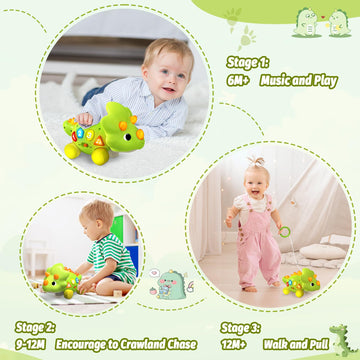 Baby Toys For 1 Year Old Boy Gir - Bilingual Musical Dinosaur Toy, Touch & Go Musical Light Crawling Educational Learning Toys F