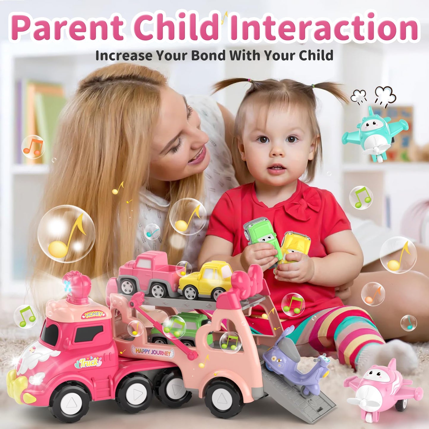 usrela Toys for 1 2 3 Year Old Girl Truck, 7-in-1 Toddler Girl Carrier Truck with Light & Music, Toddler Girl Toys Age 1-3 2-4,