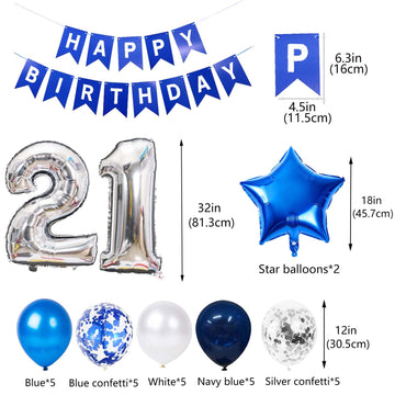 21St Birthday Party Decoration Blue For Him, Happy Birthday Banner Blue Number 21 Birthday Star Foil Balloons Latex Confetti Bal