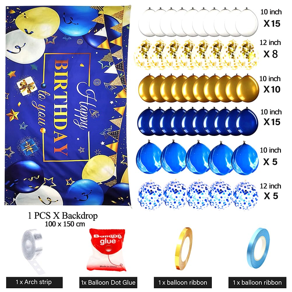 YinQin 63 PCS Navy Blue Gold Birthday Party Balloons & Backdrops, Aluminum Foil, Happy Birthday Decorations, Model PB-1002BG-P
