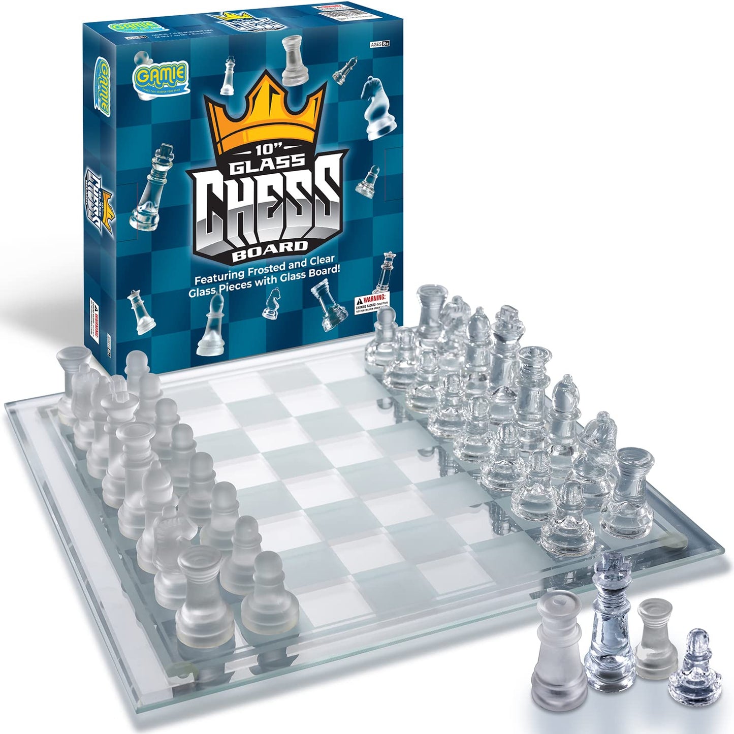 Gamie Glass Chess Set, Elegant Design - Durable Build - Fully Functional - 32 Frosted And Clear Pieces - Felted Bottoms - Easy To Carry - Reassuringly Stable (10 Inch)