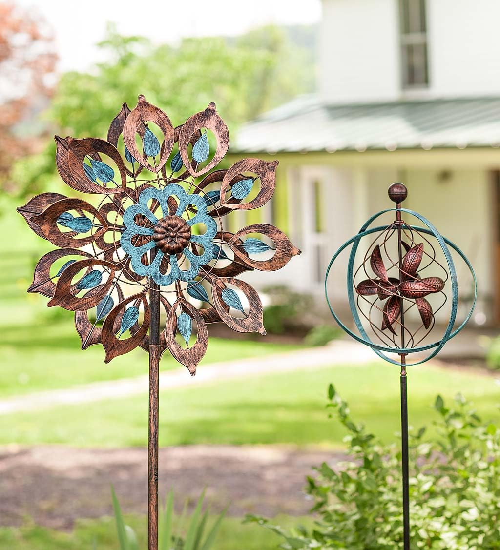 Mesmerizing Copper Lily Wind Spinner Dual-Tone | Petal-In-Petal Design | Independent Rotors | Brushed Copper & Antique Blue |All