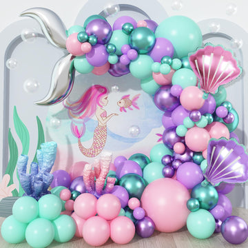 Mermaid Balloon Garland Arch Kit, 106 Packs Metallic Purple Pink Green Blue Latex Balloons With Mermaid Tail Seashell Foil Ballo