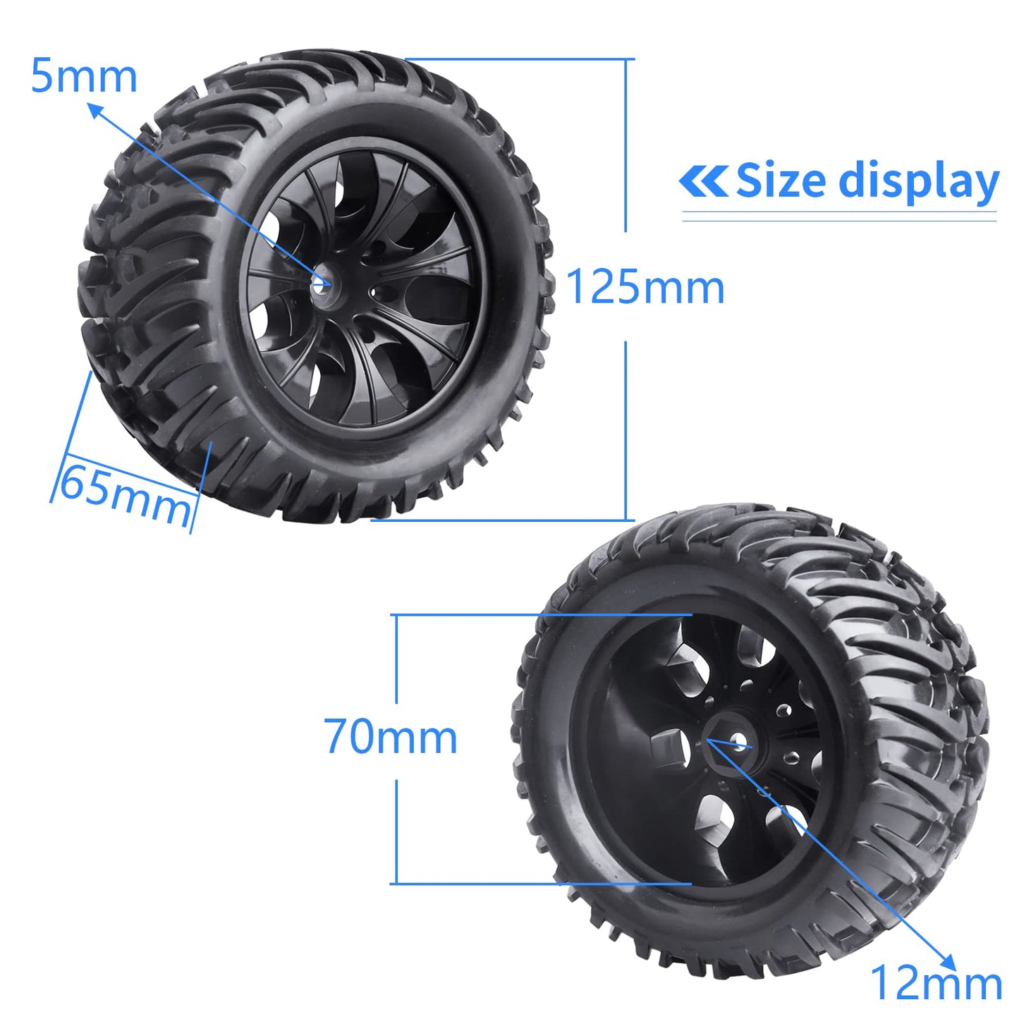 Hobbypark 4pcs Height 4.92'' (125mm) 12mm Hex RC Truck Wheels and Tires Set for Traxxas Redcat 1/10 Scale RC Truck Monster fit 2