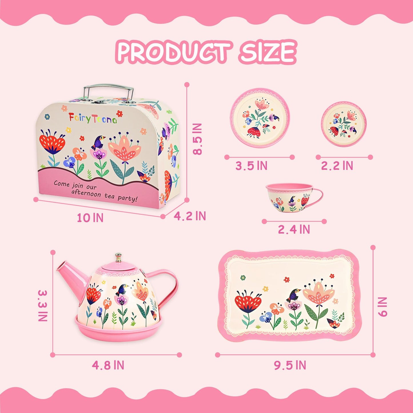 Fairy Toona Floral Tea Party Set for Little Girls Ages 3-6, 15-Piece Pretend Play Kitchen Toys with Teapot, Cups, Plates & Stora