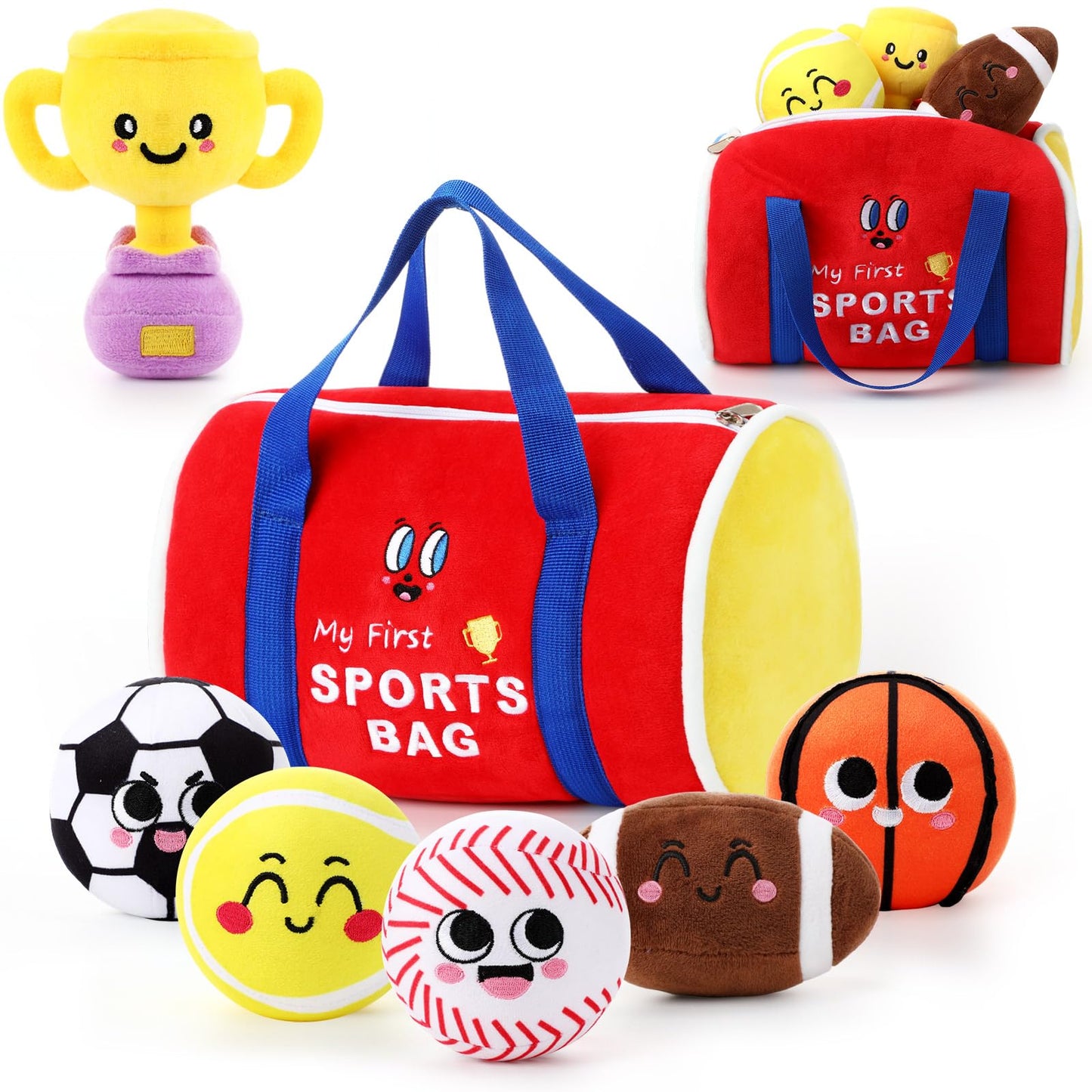 HyDren 7 Pcs My First Sports Bag Stuffed Plush Toys Playset  Bulit-in Bell Baby Sports Balls and Trophy for Toddler 1-3 and Up  Baby Gift tossing Toys for Boys and Girls Early Education