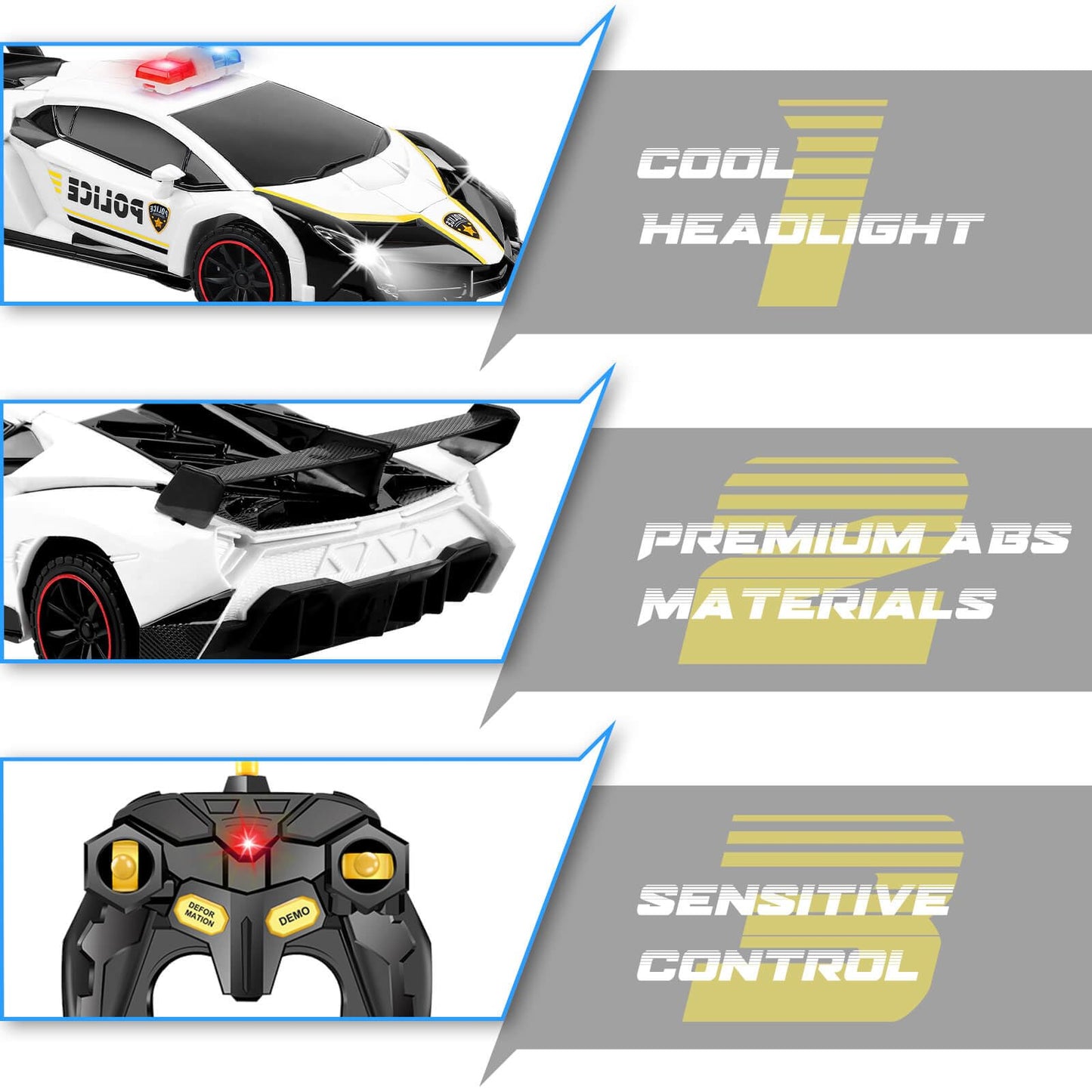 Getatoy Remote Control Car Transformer Toys for Boy 4-6 Years Old: One-Button Transforming Police Car with LED Light & 360 Rotat