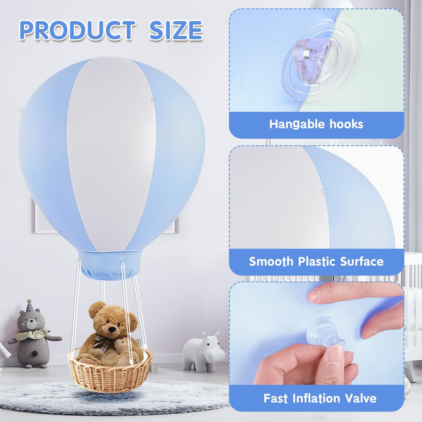 XLYLKS 3FT Inflatable Hot Air Balloon Decoration - Blue PVC for Baby Shower & Birthday Parties, Includes Air Pump, 38 x 33 x 38 inches