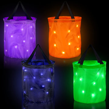 4 Pieces LED Light Up Halloween Buckets Candy Bags Light Up Halloween Trick or Treat Bags Party Favor Bags Multipurpose Reusable