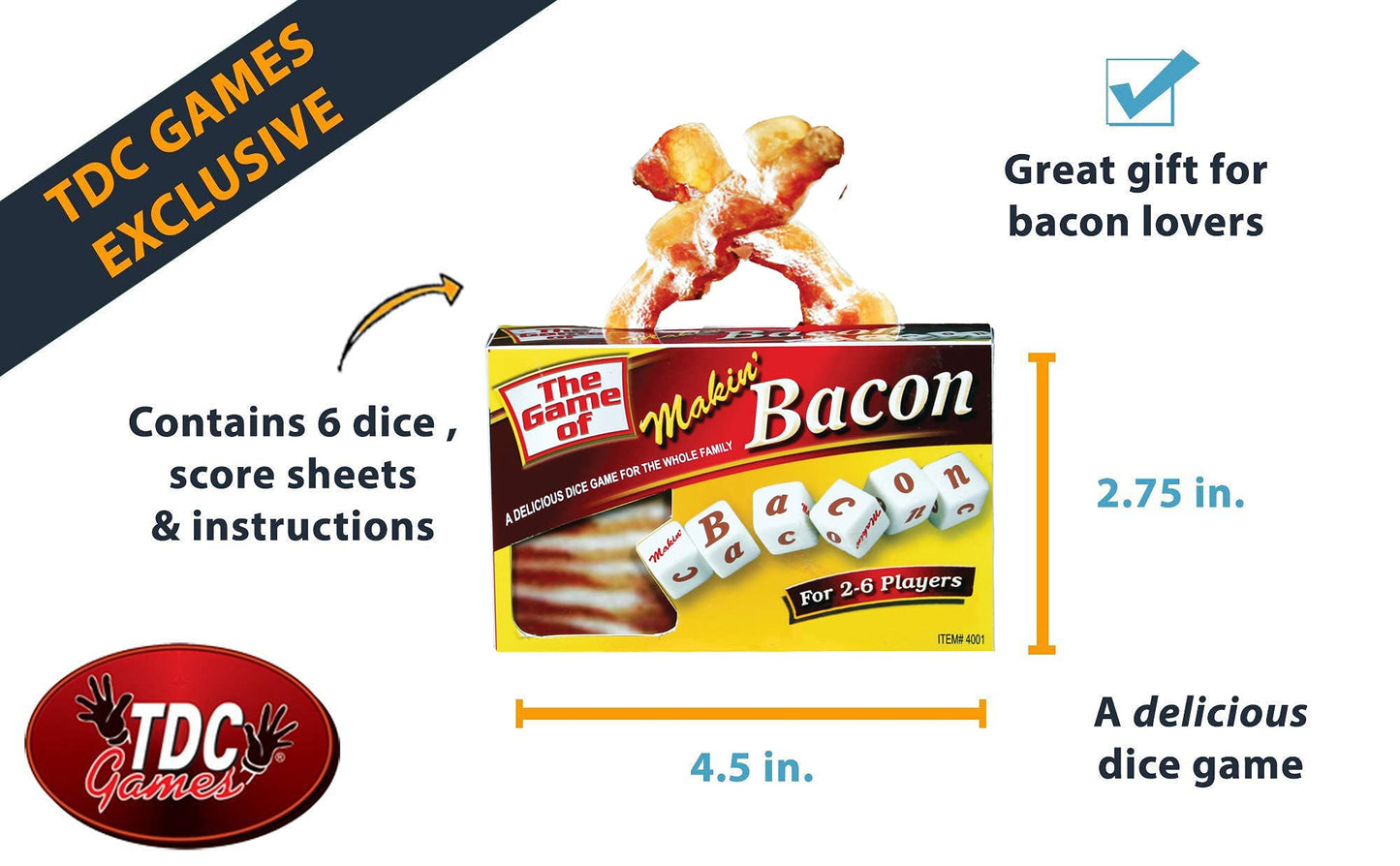 TDC Games Makin’ Bacon Dice Game - Travel Size, Yellow Plastic - Model 4001