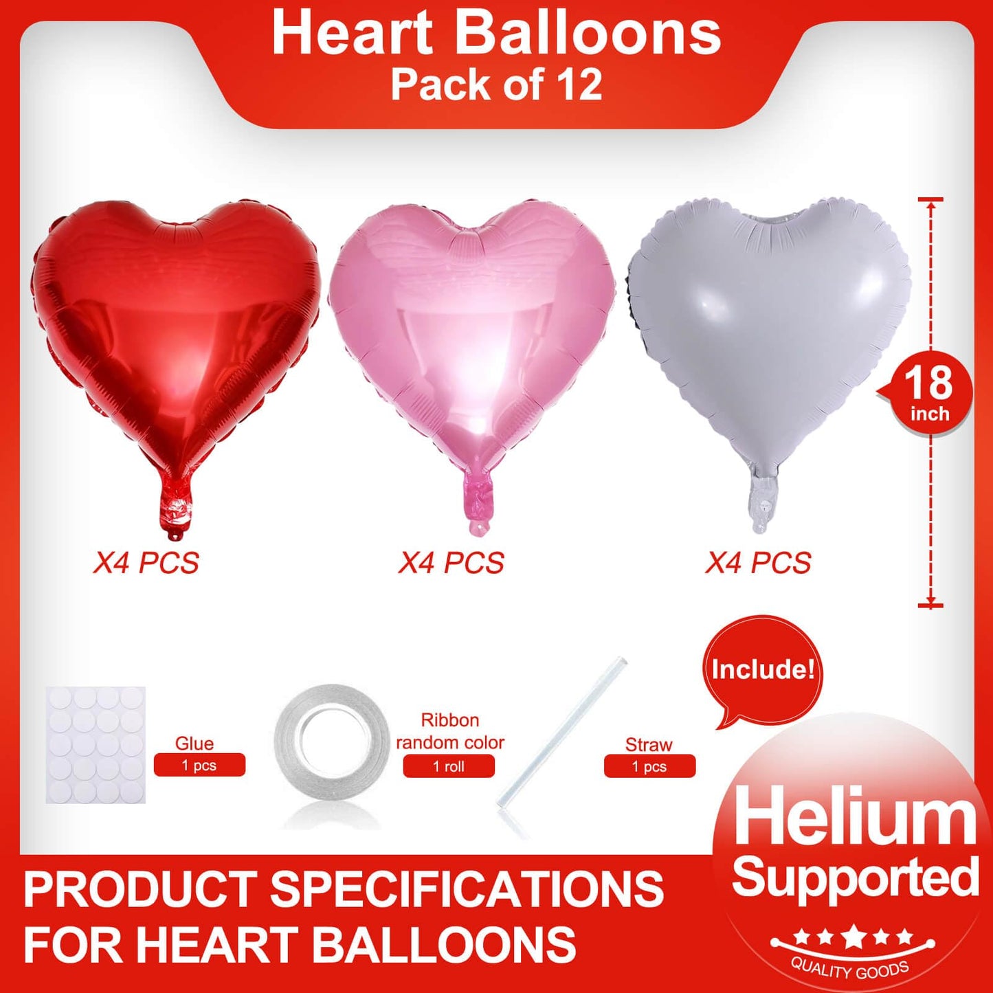 Red Heart Shaped Balloons Pack Of 12,18 Inch White Love Valentine Balloons Pink Heart Romantic Balloons For Valentines Day Propo