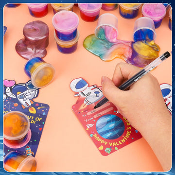 28 Pack Valentines Day Gift For Kids, Galaxy Slime Stress Relief Fidget Toy With Kids Valentines Day Cards, Valentines For Kids