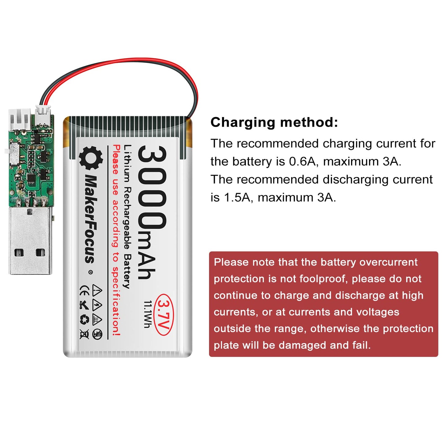 MakerFocus 2pcs 3.7V 3000mAh Lithium Rechargeable Battery 1S 1C LiPo Battery with Protection Board Insulated Rubber Tape and Mic