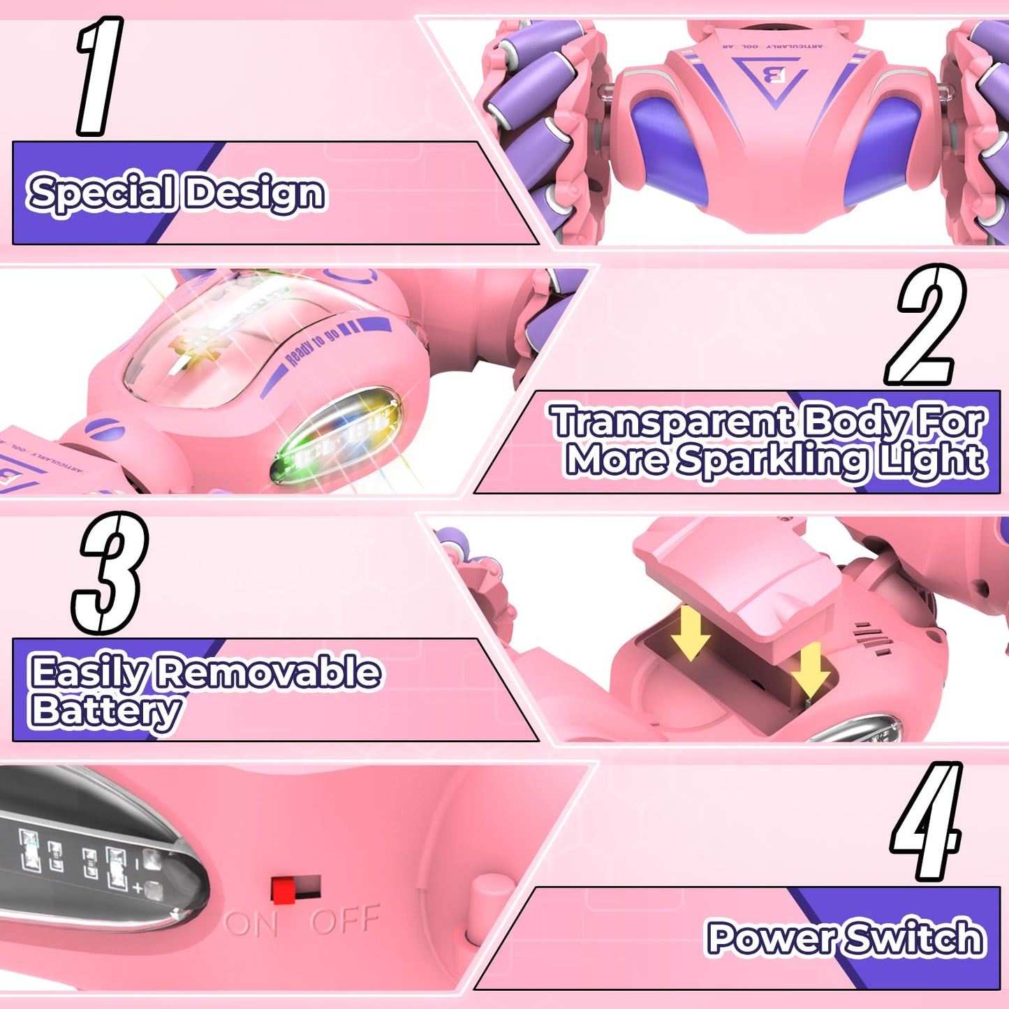 Fosgoit Pink Remote Control Car for Girls 6-12, 2.4Ghz 4WD Hand Controlled RC Car with Light & Music & Spray, Double-Sided 360 R