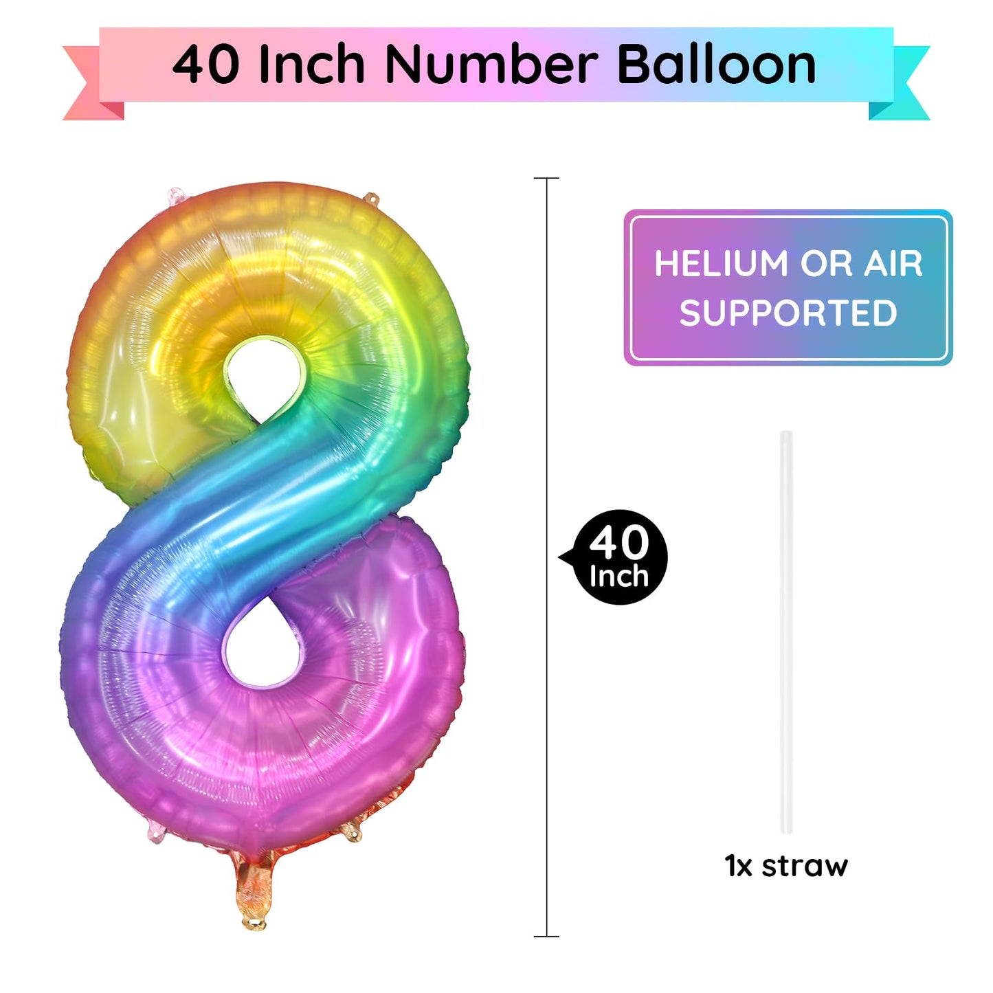 Paticool Rainbow Number 8 Balloon, 40 Inch Large Number Foil Mylar Balloons For 8Th Girl Boy Birthday Party Celebration Decorati