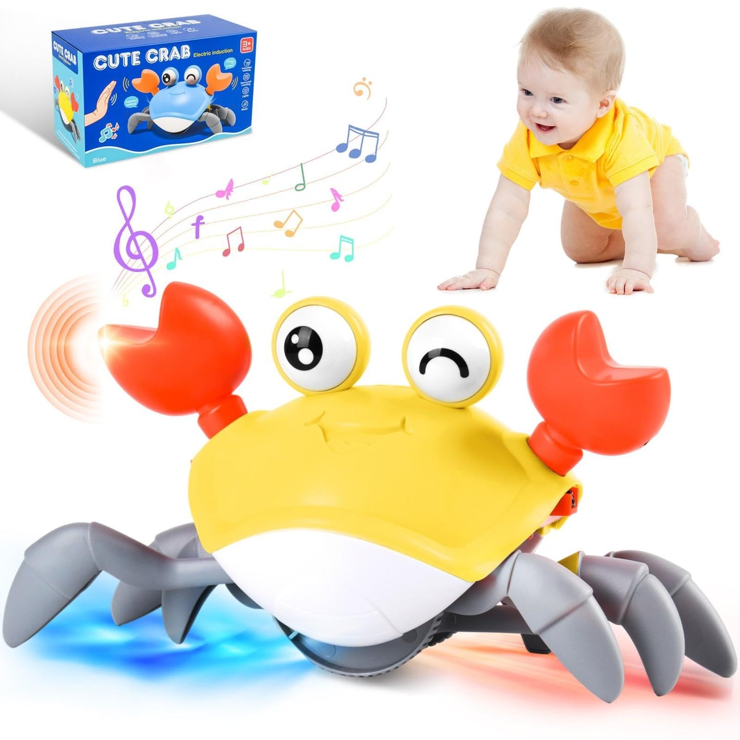 UMIKOOL DIRECT Musical Crawling Crab Baby Toy 6-12 Months, Babies Sensory Induction Crabs with Obstacle Avoidance, Infant Tummy 