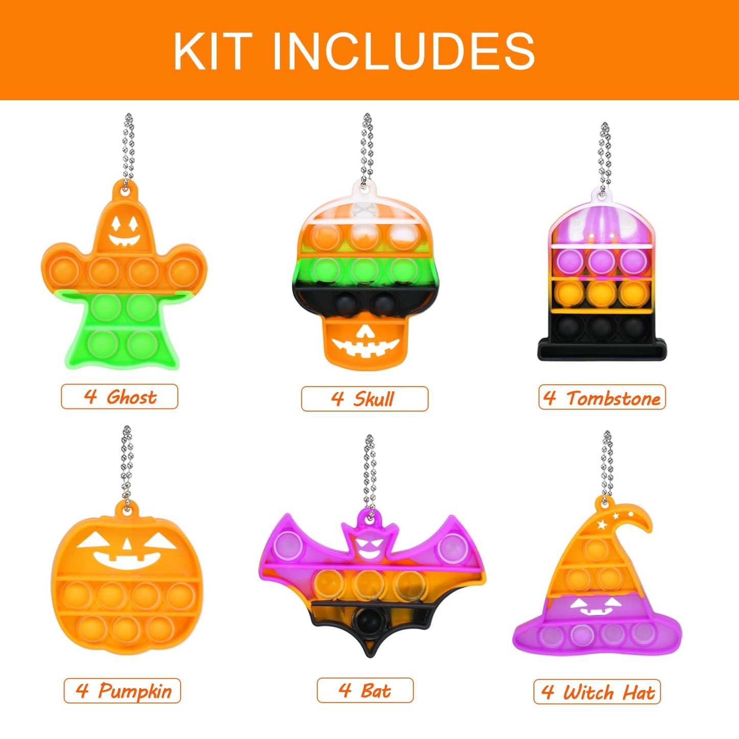 Halloween Party Favors - Halloween Pop Fidget Toys - 24 Mini Pop Bubbles Bulk With Keychain For Kids 4-8 8-12- Stress Relief Sen