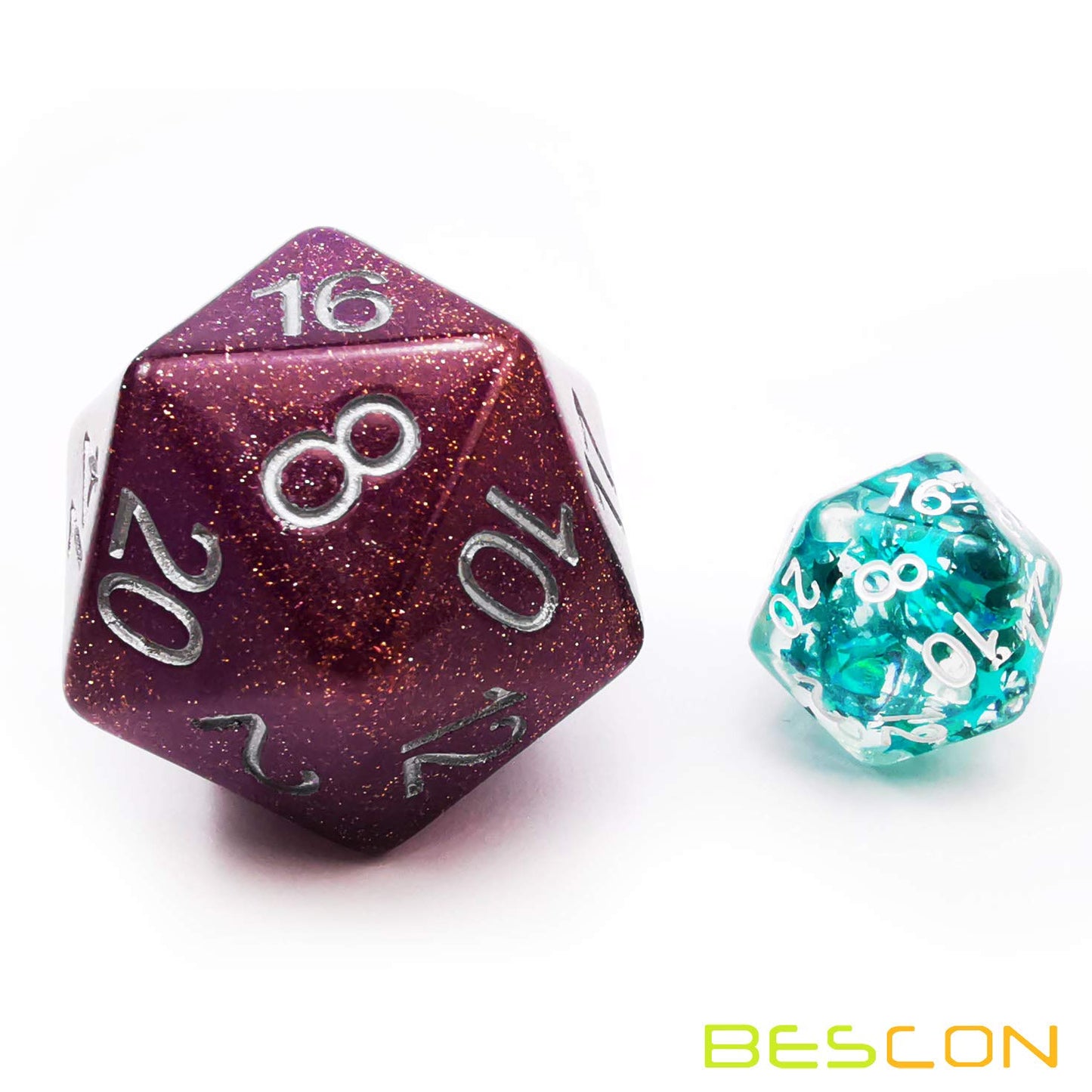 Bescon Glitter Jumbo D20 38Mm, Big Size 20 Sides Dice Glitter Purple, Big 20 Faces Cube 1.5 Inch