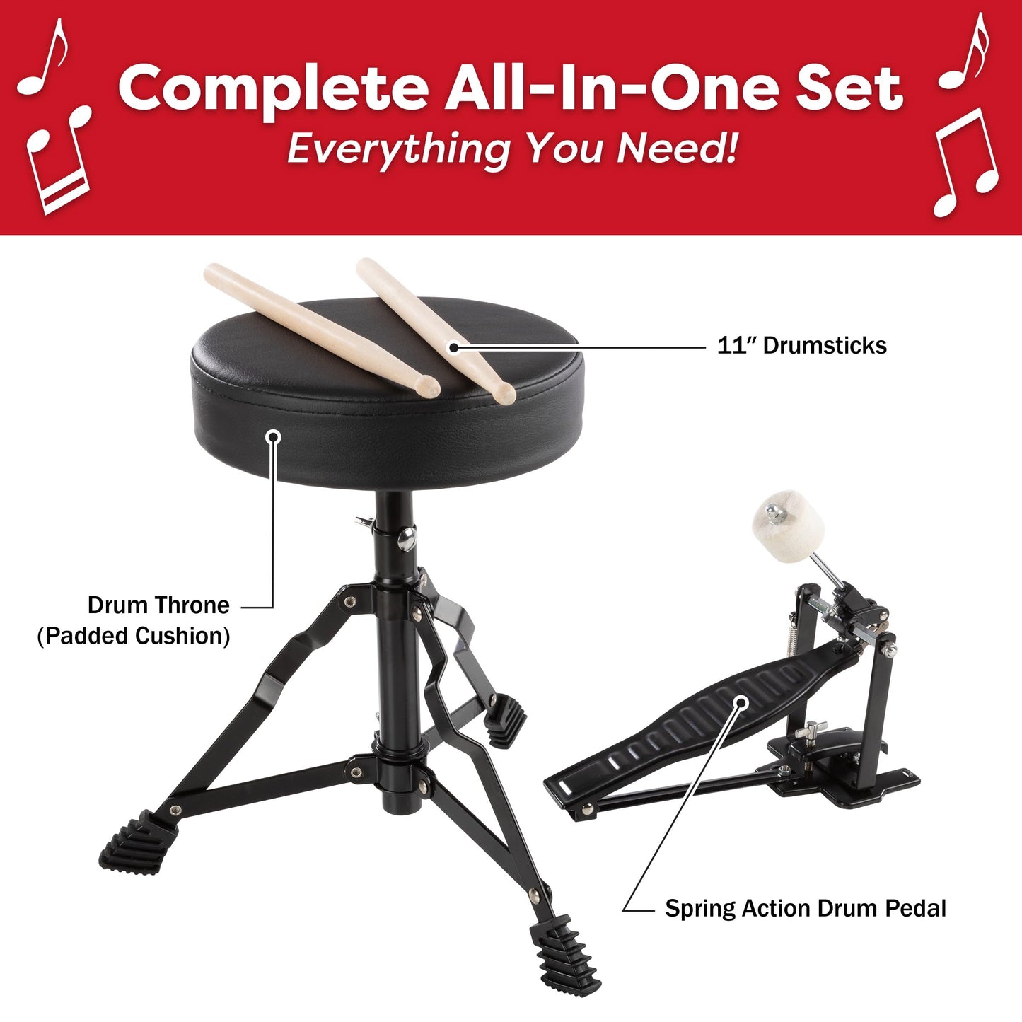 Kids Drum Set - 3-Piece Drum Kit With Cymbal, 2 Toms, Bass Drum And Pedal, Drumsticks, And Throne - Beginner Musical Instruments
