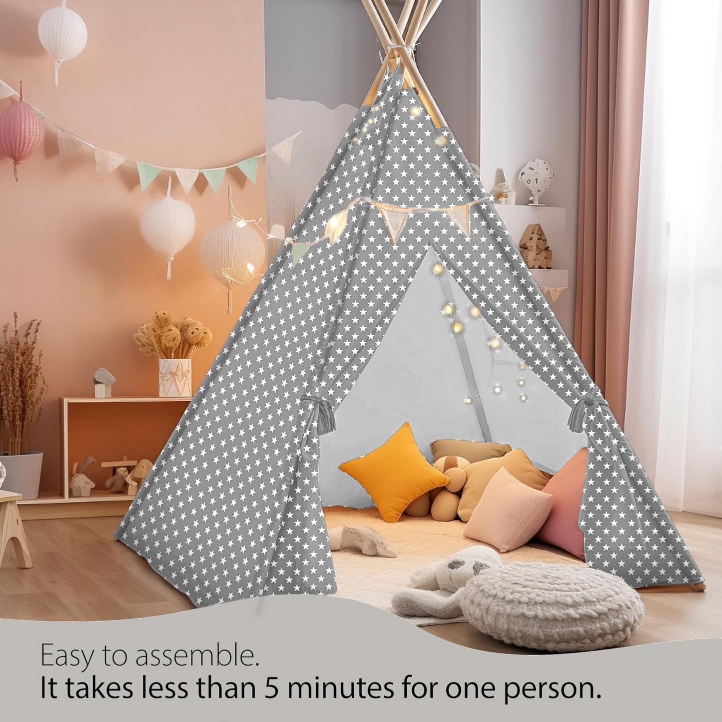 Chic Grey and Stars Kids Teepee Tent with Magic Star Lights, Large and Durable 100% Cotton Tipi Play Tent for Boys and Girls, Id