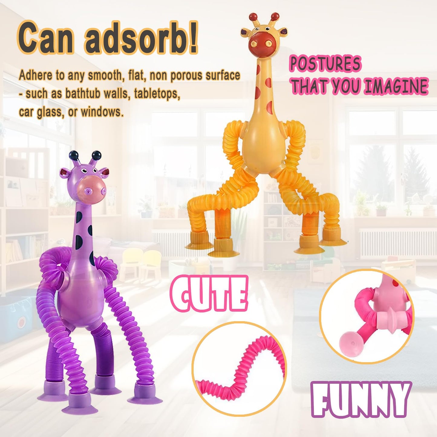 Bendable Giraffe Figures, Set Of 4 Flexible Giraffes, Telescopic Suction Cup Giraffe Toy, Telescopic Pop Tubes, Fidget Tubes Sen