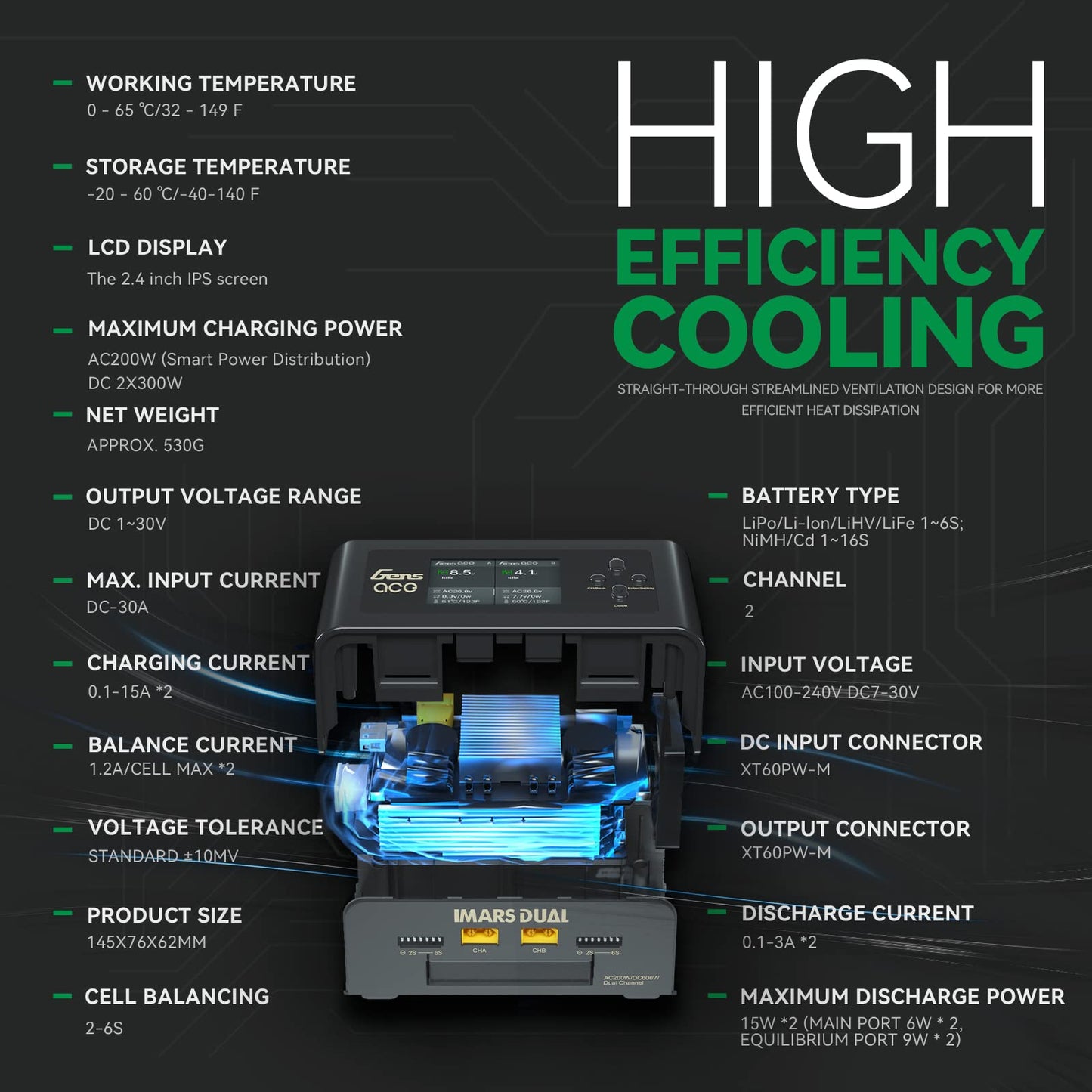 Gens Ace Lipo Battery Charger Imars Dual Smart Lipo Charger 15A AC 200W DC 600W RC Charger(Black)
