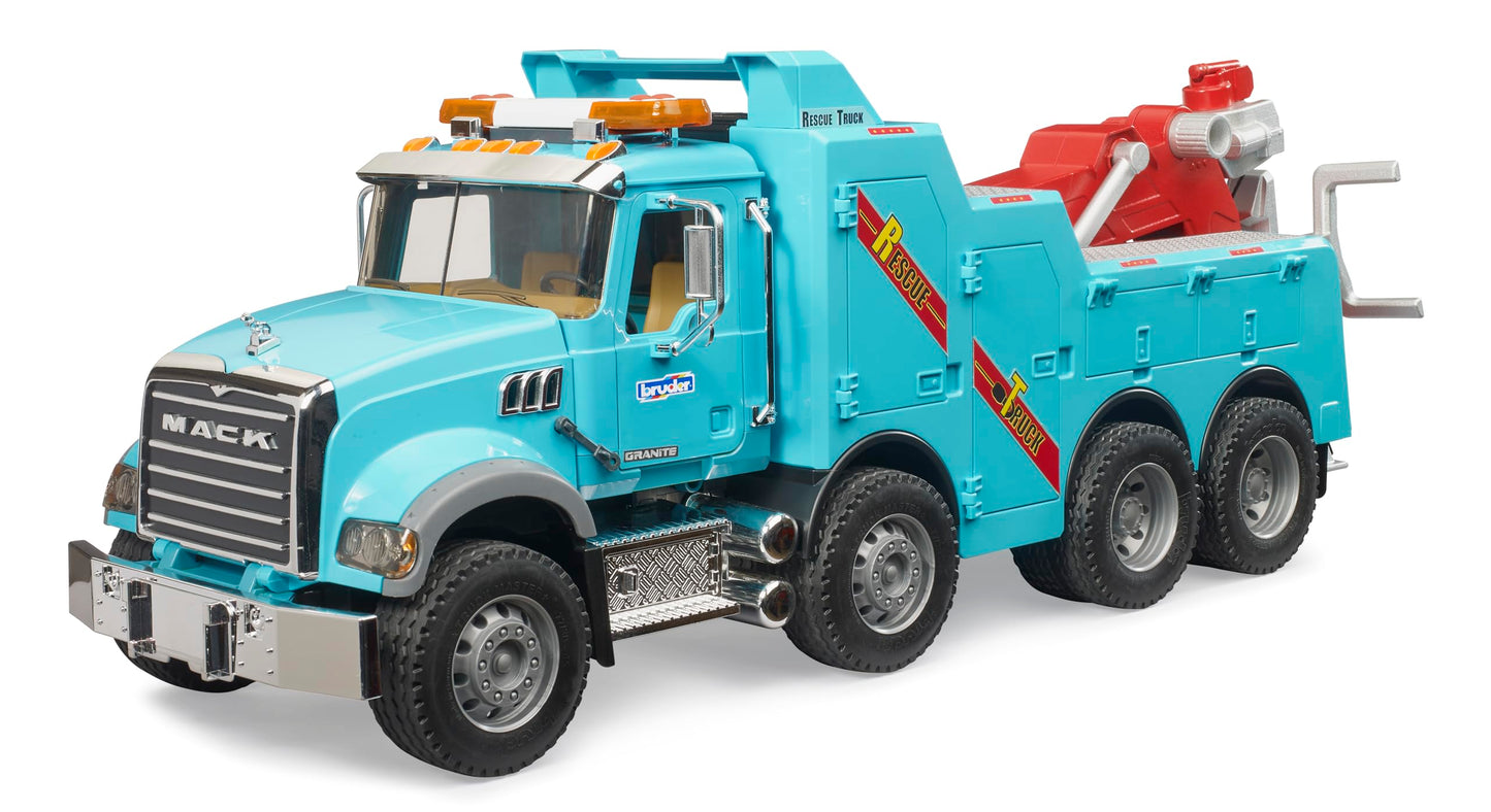 Bruder 02831 Mack Granite Heavy Rescue Wrecker Tow Truck with Light & Sound Module | Realistic Recovery Vehicle Toy for Indoor &