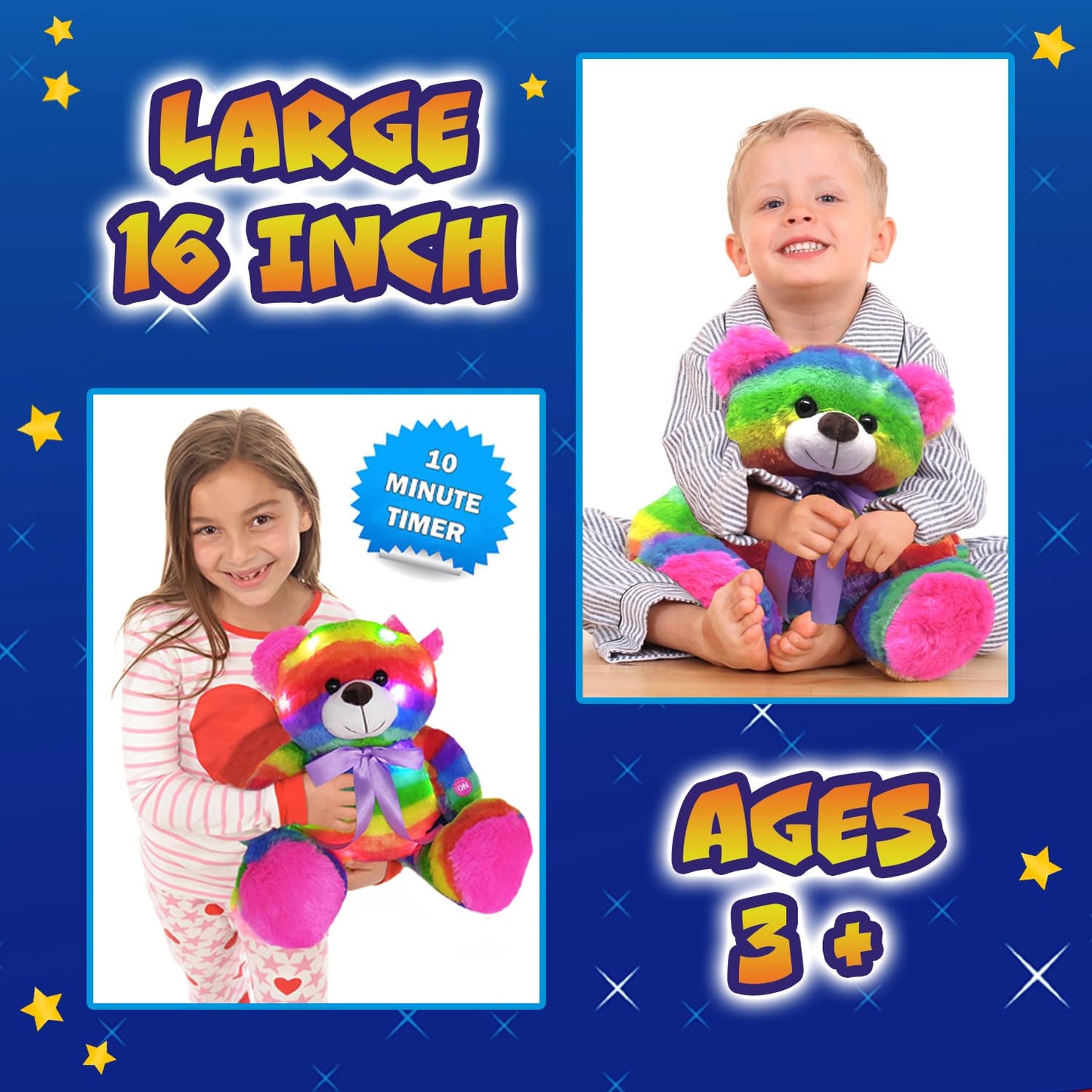 The Noodley Rainbow Lites Light Up Teddy Bear Stuffed Animal Plush Led Night Light Sleep Toy For Girls (16 Inch, Batteries Inclu