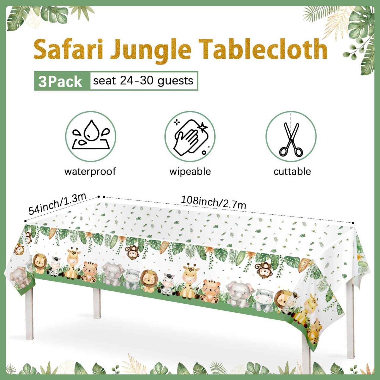 Lopeastar 3Pieces Jungle Safari Tablecloths Animal Print Table Cover, Sage Green Baby Shower Decorations Zoo Birthday Party Supp