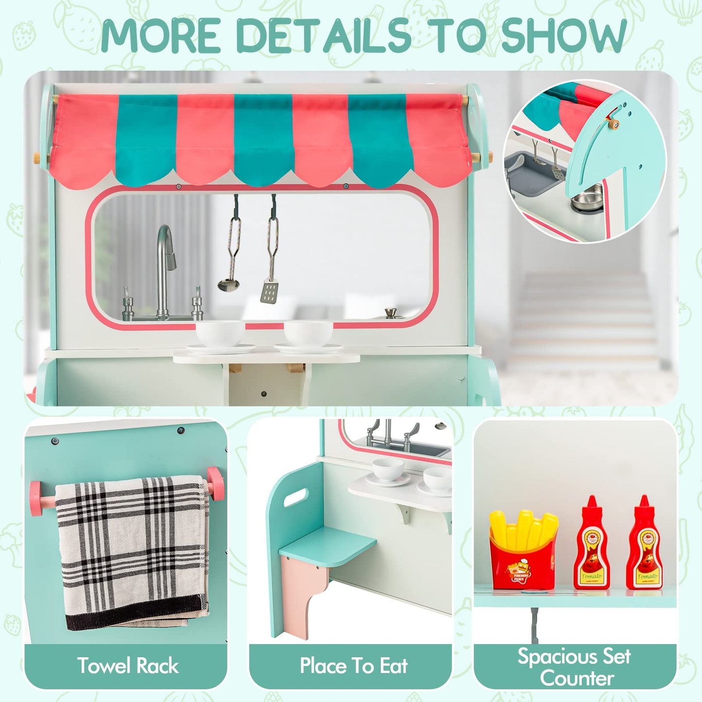 INFANS 2 in 1 Kids Play Kitchen and Restaurant, Double Sided Toddler Wooden Pretend Cooking Set with Stove Sink Microwave Storag