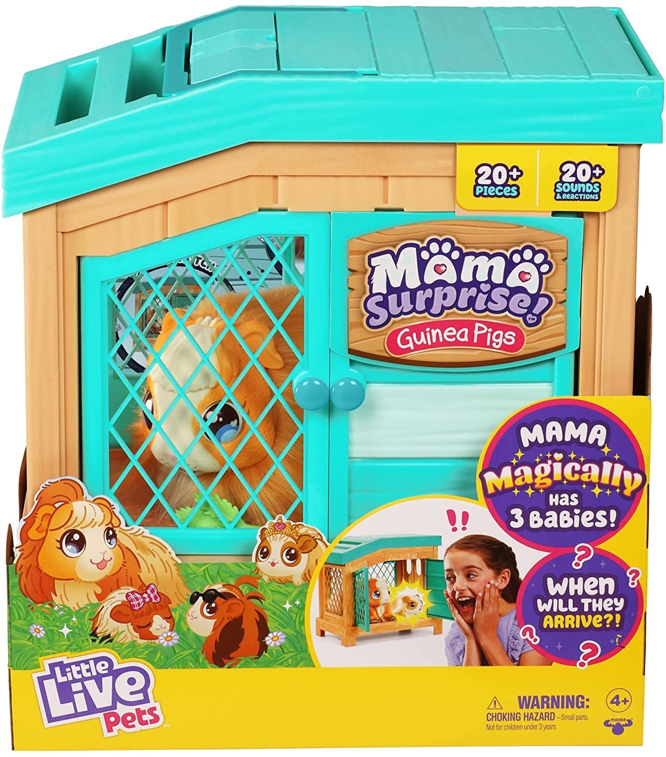 JKNEW Mama Surprise Guinea Pig Playset with Hutch & 3 Babies, 20+ Sounds, Interactive Toy for Kids Ages 4+
