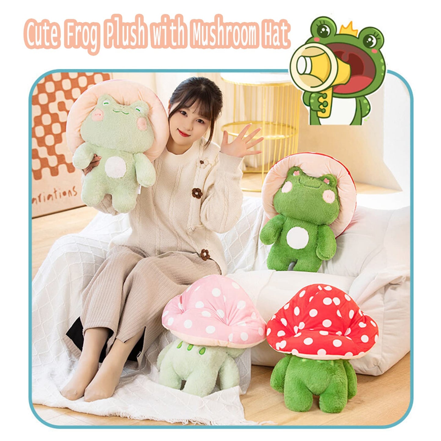 Enivtfz Frog Plush Toy - 10" Light Green Stuffed Animal with Red Mushroom Hat - Kawaii Gift for Kids and Adults