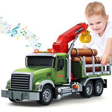Kids Toys for 3 4 5 6 7 8 Years Old Boys, 15'' Farm Logging Truck Toy with Loading Crane and 6 Trunks, Lights, Sounds, Toddler F
