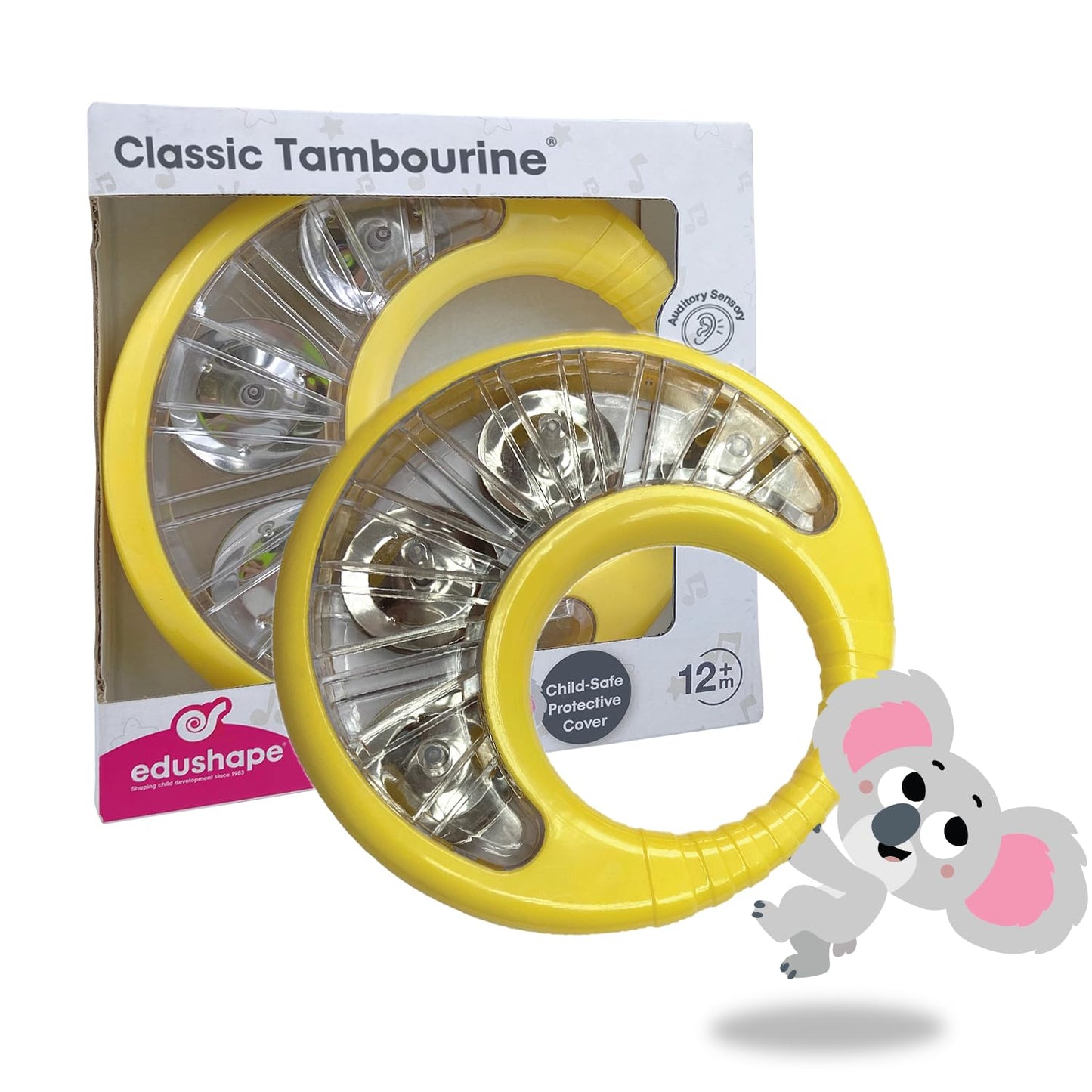 Edushape Classic Tambourine For Kids, Yellow - Percussion Musical Instrument Baby Tambourine For Toddlers 1-3, Kids Tambourine Fun Tummy Time, Fine Motor, Auditory And Visual Sensory Development