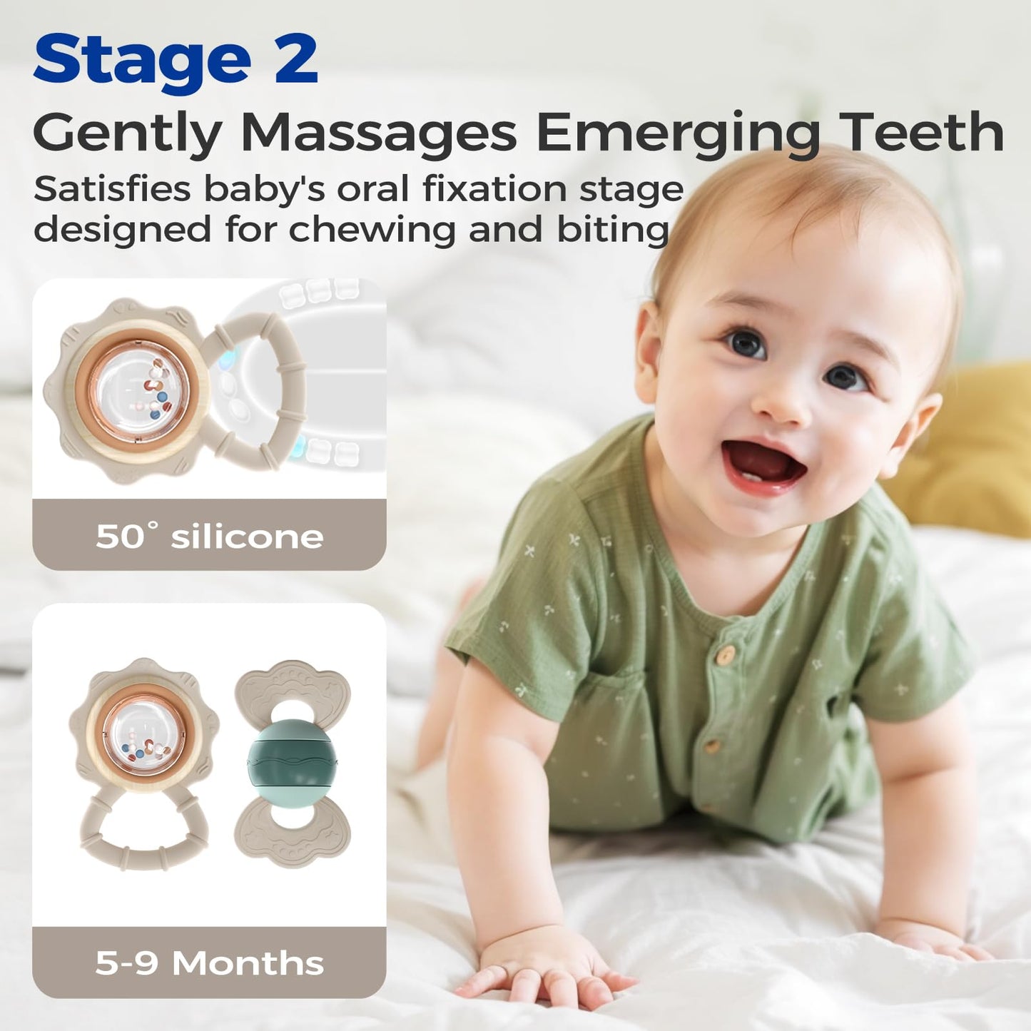 Evoceler Softness Staged Teething Toys (30 Super Soft, 50 Soft, 70 Regular) For Baby Teething Relief - 10 Pcs Pacifier-Grade Sil