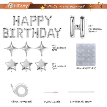 Silver Happy Birthday Balloons Banner, 3D Mylar Foil Letter Birthday Balloons With 6Pcs Star Balloons, Birthday Party Decoration