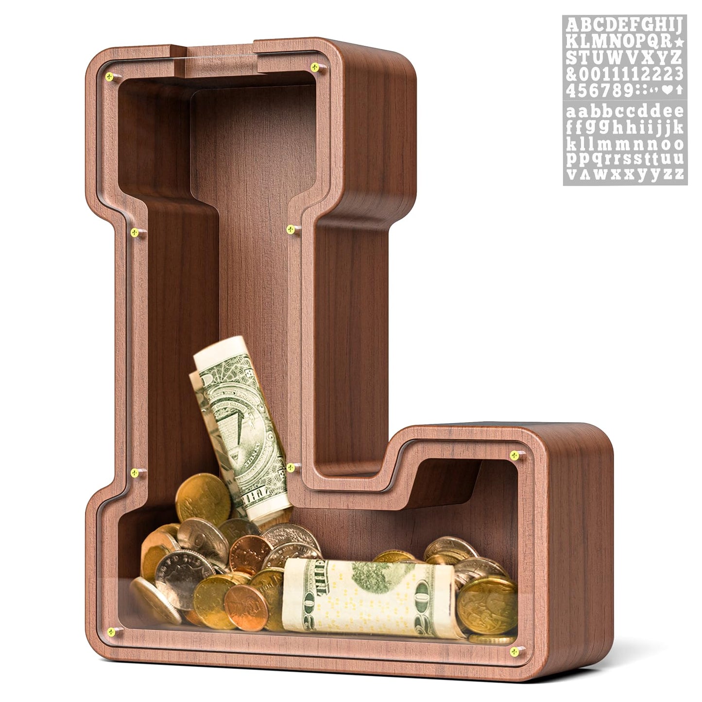 Summidate Wooden Letter Piggy Bank  Extra Thick Large Capacity Piggy Bank for Kids Boys Girls Toddler  Alphabet L Money Bank| Coin Box Birthday  Christmas  Festival