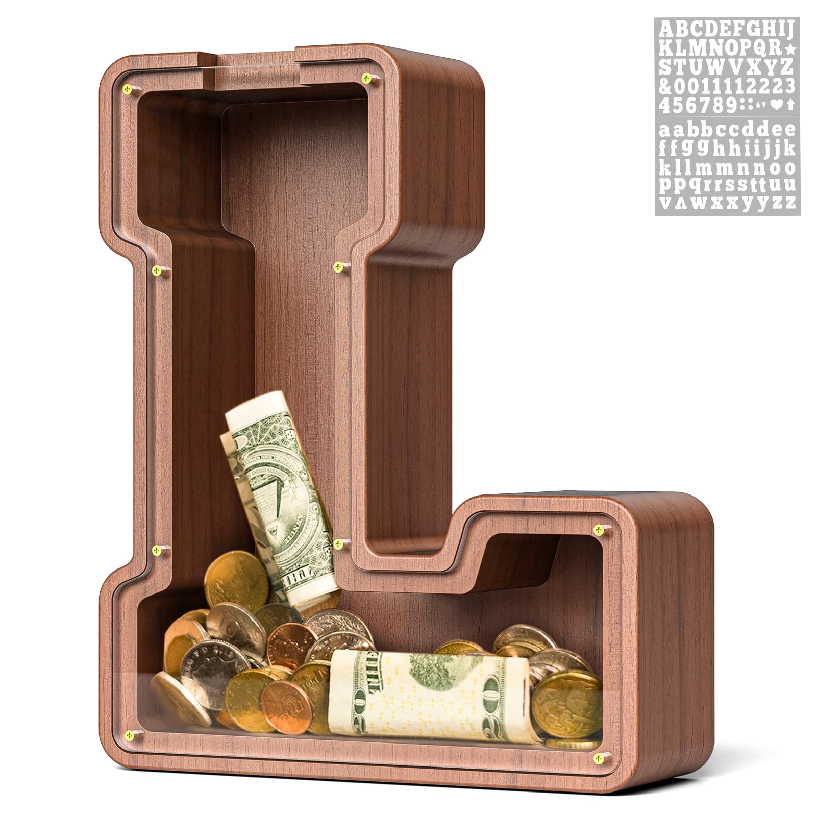 Summidate Wooden Letter Piggy Bank  Extra Thick Large Capacity Piggy Bank for Kids Boys Girls Toddler  Alphabet L Money Bank| Coin Box Birthday  Christmas  Festival