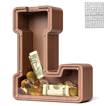 Summidate Wooden Letter Piggy Bank  Extra Thick Large Capacity Piggy Bank for Kids Boys Girls Toddler  Alphabet L Money Bank| Coin Box Birthday  Christmas  Festival