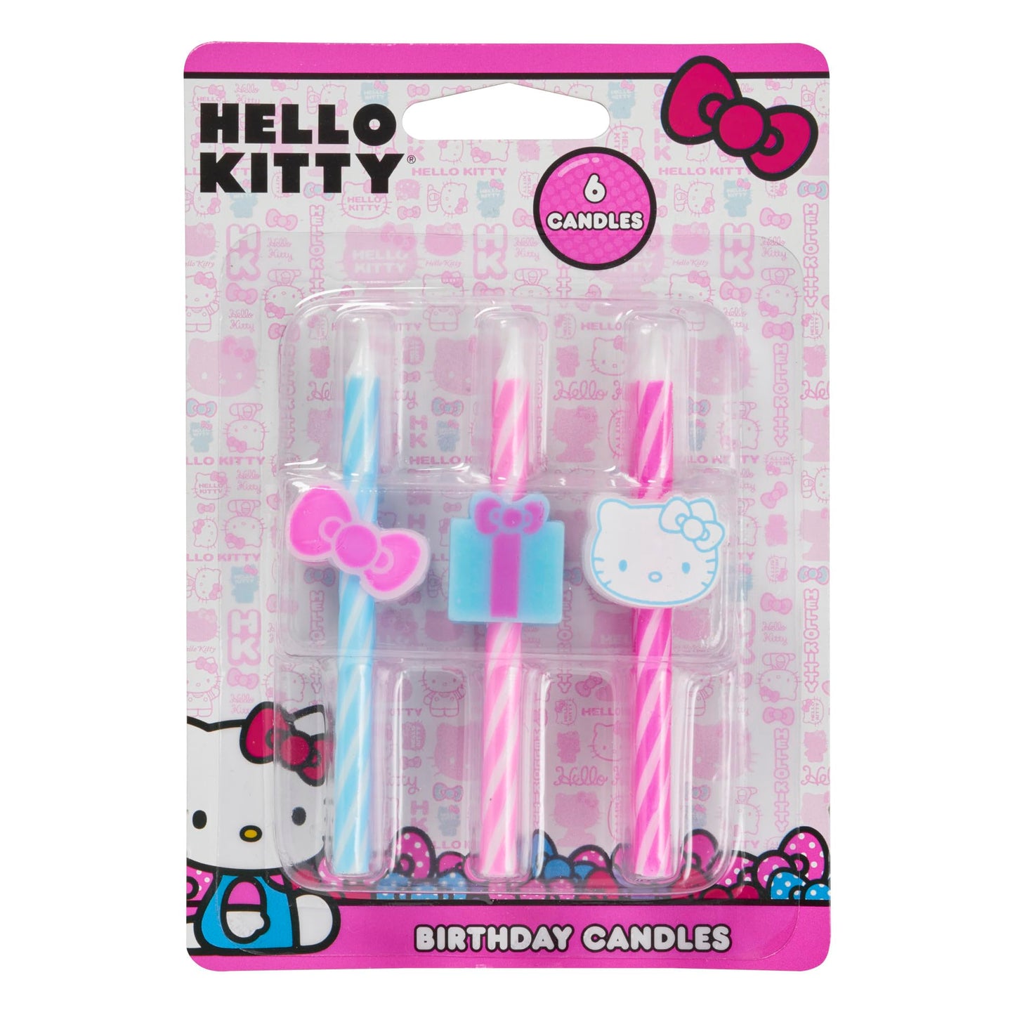 Hello Kitty Birthday Cake Candles | 6 Birthday Candles for Cake Decorations, Pink & Blue Striped Candles, Cupcake Toppers for He