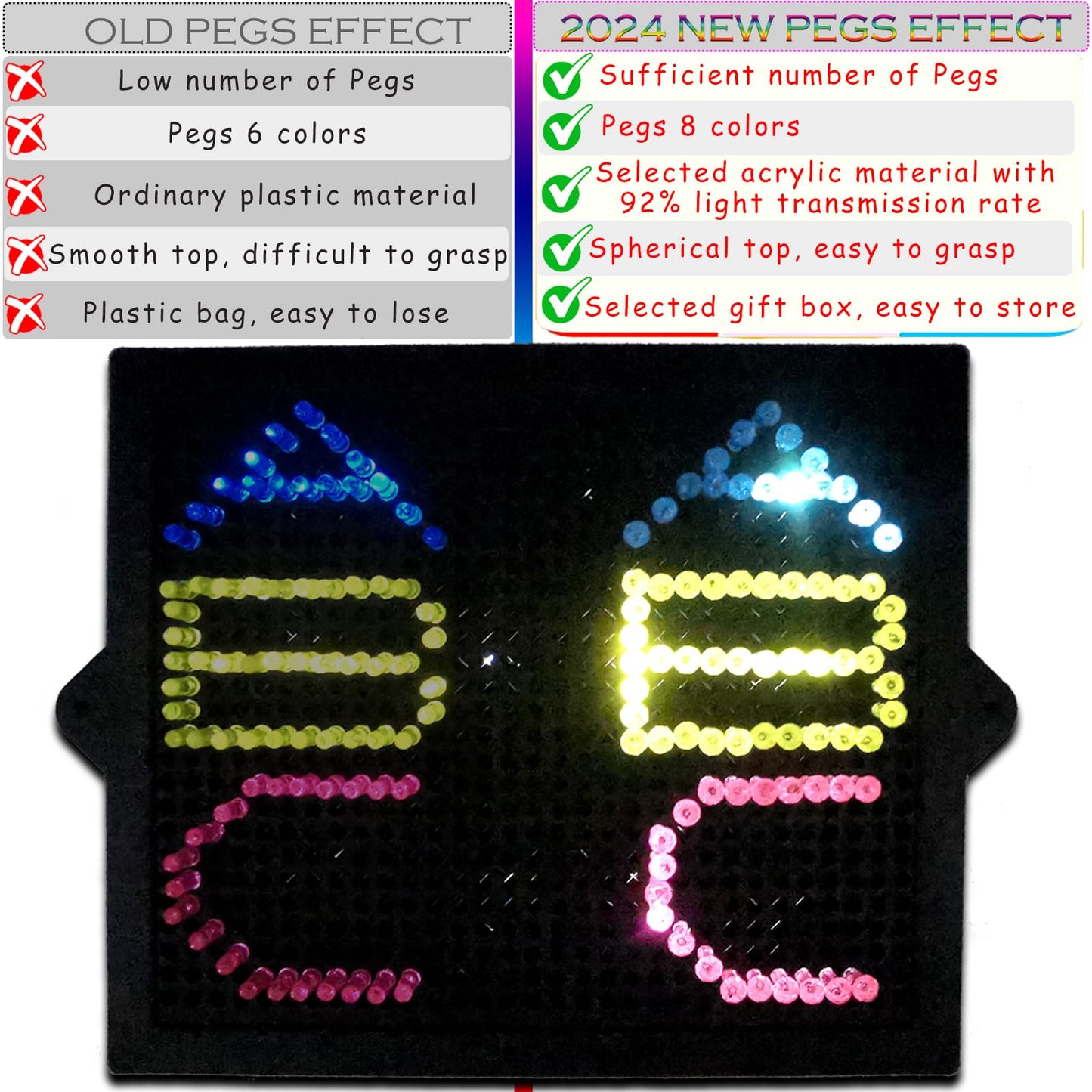 320Pcs Pegs Refill For Light Brite,Light Bright Glow Pegs 8 Colors With Excellent Clear, Led Light Up Board Toy Replacement Peg