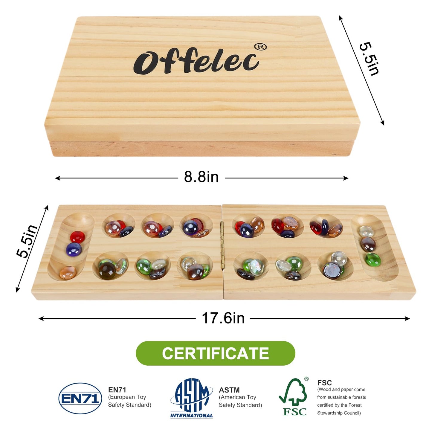 Offelec Mancala Board Game Set  Portable Travel Wooden Folding Set  Fun Table Games for Kids mature-themeds Family Night  48 Multi Color Glass Stones  Birthday  2 Players Games