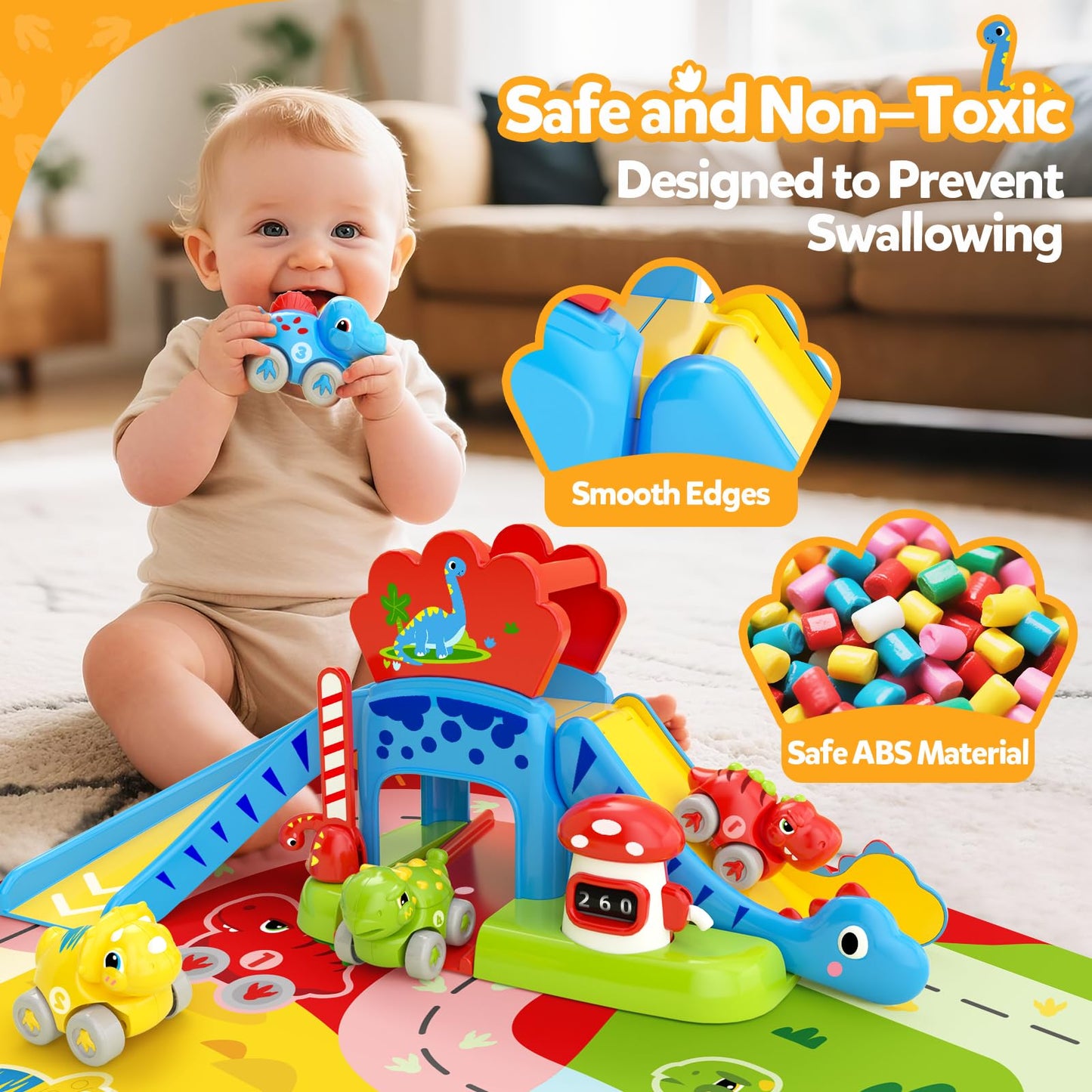 Toddler Toys for 1 2 Year Old Boy Gifts - Educational Dinosaur Slide Set with 4 Color/Number Push Cars and Playmat, Montessori L